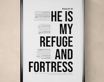 Psalm 91 Wall Art – He Is My Refuge and Fortress Print – Modern Christian Scripture Decor – Minimal Bible Verse Typography