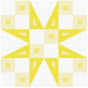 May include: A geometric star design in yellow and white. The pattern is made up of triangles and squares, with a textured, stitched look. The design is set against a white background.