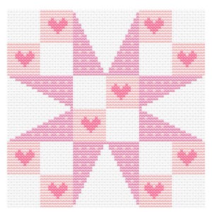 Pode incluir: Padrão de ponto cruz com um design geométrico. Apresenta corações e quadrados rosa, com tons rosa claro e escuro sobre um fundo branco. O padrão é quadrado, com uma forma central em forma de estrela.