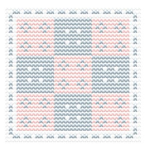 Pode incluir: Um têxtil quadrado bordado em ponto cruz, apresentando um padrão repetitivo de quadrados rosa claro e azul claro. O design é emoldurado por uma borda branca, criando uma composição simétrica. A textura sugere um artigo artesanal.