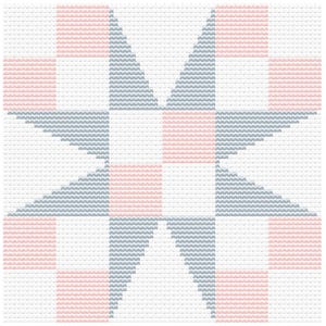 May include: A geometric pattern in a cross-stitch style. The design features a central star-like shape composed of gray and pink triangles and squares, set against a white background. The overall aesthetic is clean and modern.