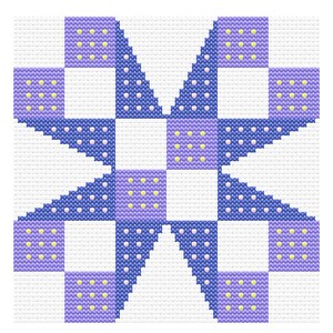 May include: A cross-stitch design with a starburst pattern. The design uses squares and triangles in white, periwinkle, and blue. Small yellow dots are placed within the periwinkle squares.