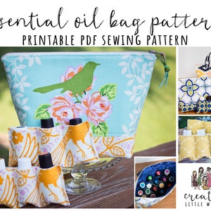 K&ouml;nnte beinhalten: Ein druckbares PDF-N&auml;hmuster f&uuml;r eine &auml;therische &Ouml;l-Tasche. Das Muster enth&auml;lt Anweisungen zum N&auml;hen einer Rei&szlig;verschlusstasche mit einem Blumendesign und einer separaten Tasche mit mehreren F&auml;chern f&uuml;r die Aufbewahrung von &auml;therischen &Ouml;lflaschen. Das Muster enth&auml;lt auch eine kleinere Tasche mit einem Vogeldesign.