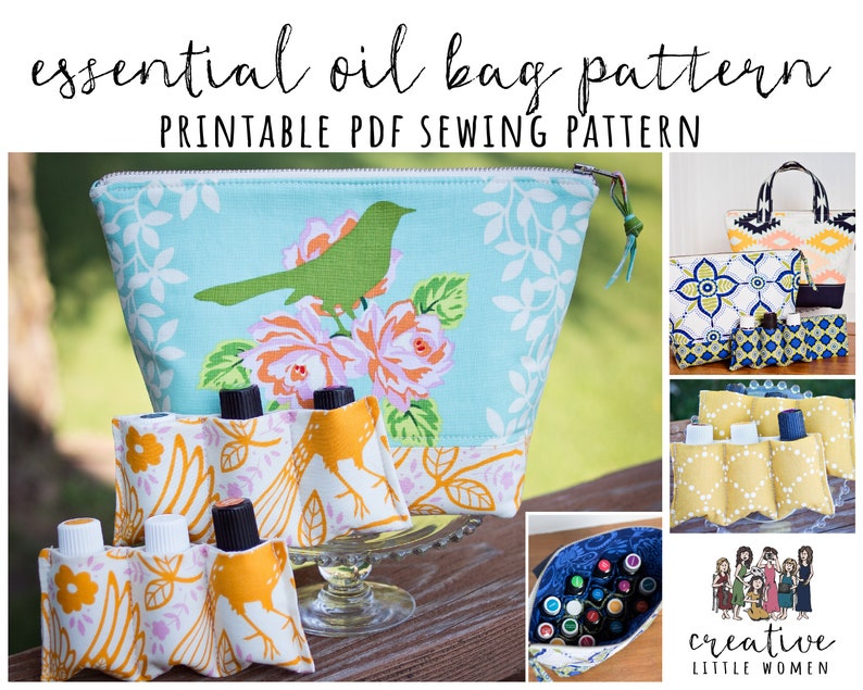 K&ouml;nnte beinhalten: Ein druckbares PDF-N&auml;hmuster f&uuml;r eine &auml;therische &Ouml;l-Tasche. Das Muster enth&auml;lt Anweisungen zum N&auml;hen einer Rei&szlig;verschlusstasche mit einem Blumendesign und einer separaten Tasche mit mehreren F&auml;chern f&uuml;r die Aufbewahrung von &auml;therischen &Ouml;lflaschen. Das Muster enth&auml;lt auch eine kleinere Tasche mit einem Vogeldesign.
