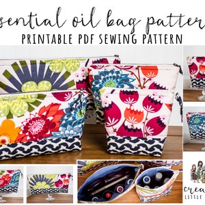 May include: A printable PDF sewing pattern for an essential oil bag. The pattern includes instructions for making a bag with a zipper closure. The image shows several bags made from different fabrics, including floral prints and geometric patterns. The bags are all lined with a contrasting fabric. The text "essential oil bag pattern" and "PRINTABLE PDF SEWING PATTERN" is visible in the image.