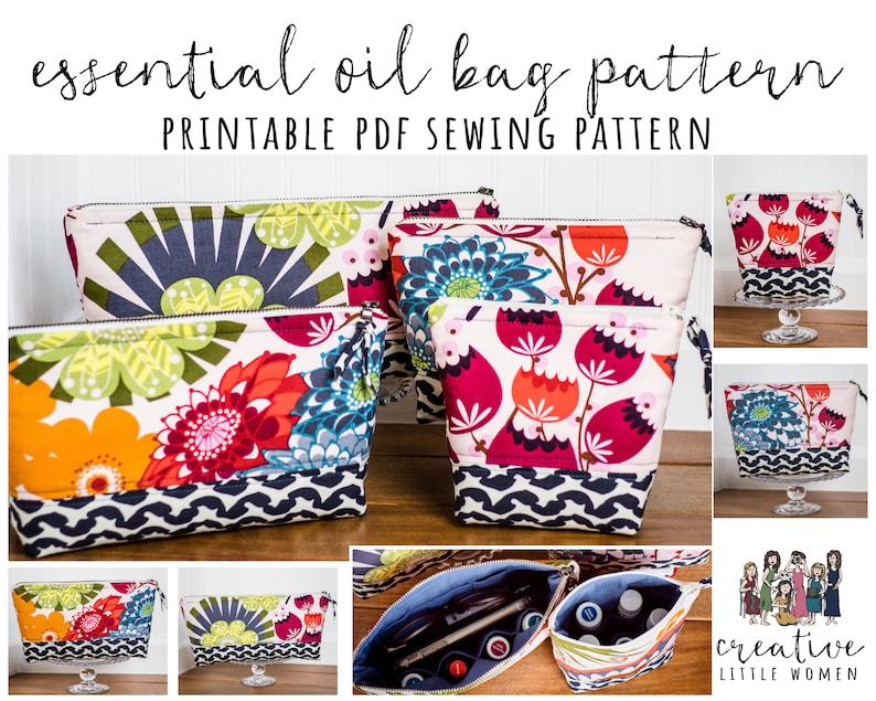 May include: A printable PDF sewing pattern for an essential oil bag. The pattern includes instructions for making a bag with a zipper closure. The image shows several bags made from different fabrics, including floral prints and geometric patterns. The bags are all lined with a contrasting fabric. The text "essential oil bag pattern" and "PRINTABLE PDF SEWING PATTERN" is visible in the image.