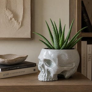 Maceta de cerámica con forma de calavera hecha a mano / Maceta con esmalte craquelado / Decoración gótica para el hogar / Pieza de arte escultórica