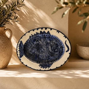 May include: An oval ceramic platter featuring a hand-painted dark blue fish design on a cream-colored background. The rim is decorated with a series of small dark blue dots, and the fish illustration includes detailed fins, scales, and a large eye.