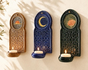 Handmade Moroccan Ceramic Ajour Wall Sconce, Geometric Shadow Casting Boho Decor