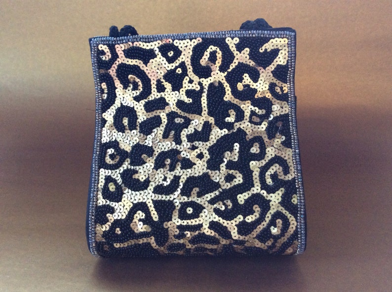 I Magnin Vintage Evening Bag with Black Satin and Gold Sequins