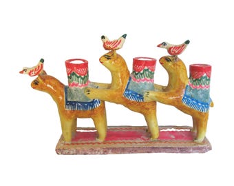 Bougeoir triple âne en céramique vintage mexicaine, style art populaire, Castillo