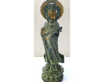 Vintage Bronze GUAN YIN Statue Figurine Green Asian Chinese Religious Goddess