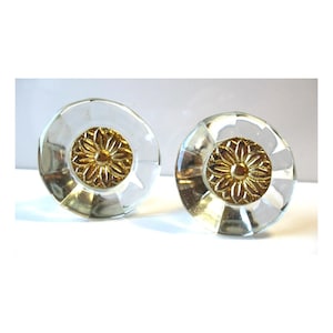 2 VTG Glass Drawer Knobs with Round Goldtone Metal Sunburst Center Old Hardware