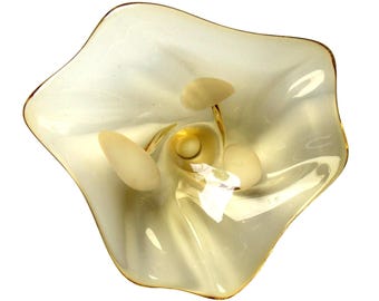 Vintage Swung Art Glass Bowl Yellow Amber with White Polka Dot Inclusions MCM