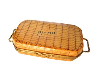 Vintage Miniature Porcelain PICNIC Basket Trinket Box Hinged Painted Miniature