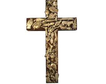 Croix mexicaine VTG MILAGROS Crucifix religieux chrétien en bois et métal Char