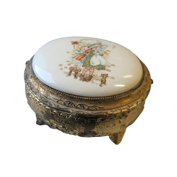 Vintage HOLLY HOBBIE JAPAN Trinket Jewelry Box Ornate Footed Hinged Metal Porcelain