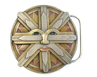 Boucle de ceinture vintage BERGAMOT Dieu Soleil en métal lourd, accessoire bohème hippie chic de 1994