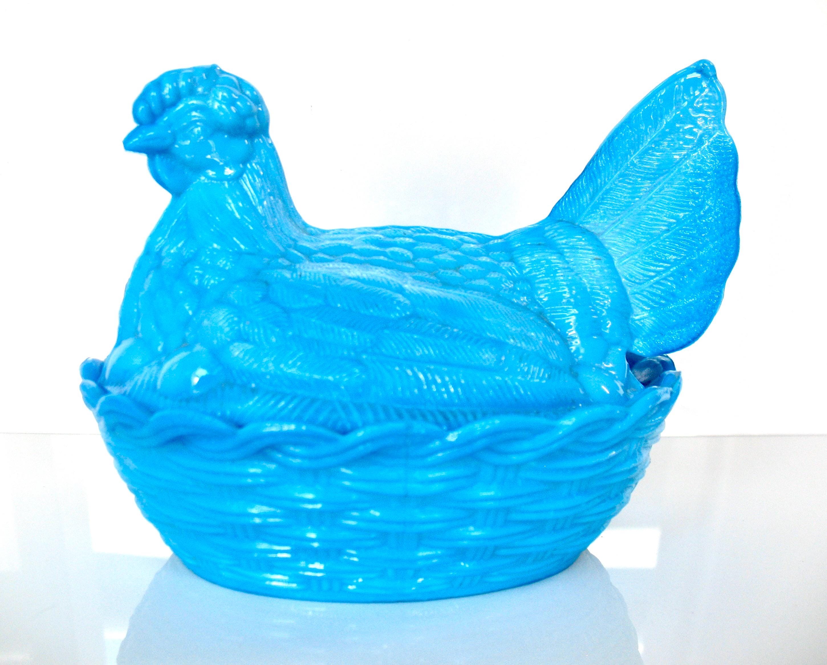 Henning へニッシュ工房 Vintage Heisey HEN ON A NEST Chicken Blue Slag Glass Lidded