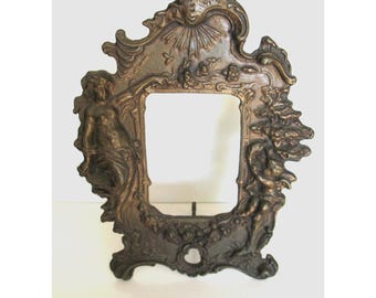 Heavy Antique Vintage Art Nouveau Solid Brass Picture Frame Sun Cherubs Nymphs