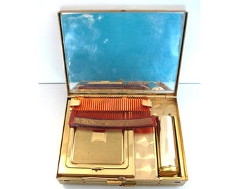 Coffret vintage à double face pour maquillage, poudre, rouge à lèvres, peigne, argent, cigarettes, couleur or, tissé