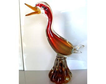 Figurine vintage en verre de Murano, canard en verre massif avec reflets métallisés, style Mid-Century Modern