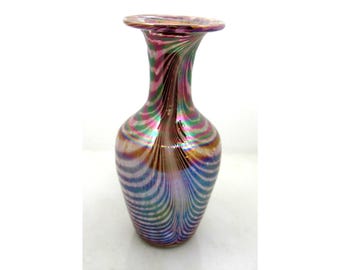 Vintage Mount St HELENS ASH Vase Purple Iridescent Swirl Art Glass 1987 MSH Feathered