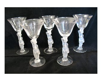 5 verres à apéritif vintage BAYEL FRANCE BACCHUS Nude à pied dépoli