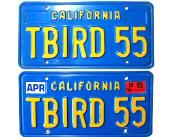 2 Vintage CALIFORNIA License Plates Blue Yellow Personalized TBIRD 55 Set