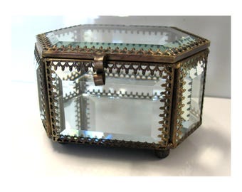 Vintage Thick Beveled Glass Casket Box Jewelry Trinket Victorian Brass Style