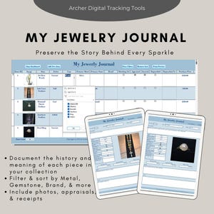 Może przedstawiać: Cyfrowy interfejs dziennika biżuterii z tytułem "MY JEWELRY JOURNAL" i hasłem "Zachowaj historię za każdym błyskiem". Obraz przedstawia interfejs bazy danych i dwa ekrany tabletu wyświetlające szczegóły biżuterii.