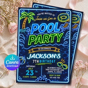 May include: Two pool party invitations with a neon blue border. The invitations feature a palm tree, pool floaties, and the text "POOL PARTY" in large, colorful letters. The text includes "Jackson's 7th Birthday" and event details.