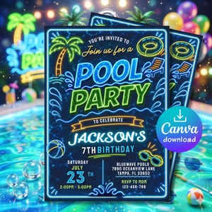 May include: A neon-style pool party invitation with a blue background. The invitation features the text "POOL PARTY" in large, bright blue and green letters, along with details for Jackson's 7th birthday. Includes a Canva download icon.