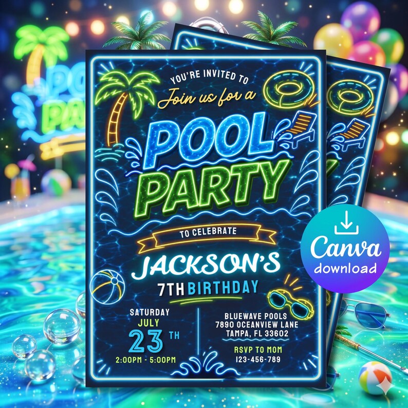 May include: A neon-style pool party invitation with a blue background. The invitation features the text "POOL PARTY" in large, bright blue and green letters, along with details for Jackson's 7th birthday. Includes a Canva download icon.
