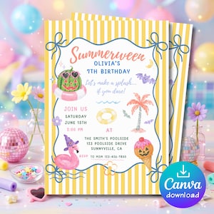 Mall för sommarfödelsedagsinbjudan, redigerbar Canva-inbjudan till poolparty, läskig sommarfödelsedag, spökpoolparty