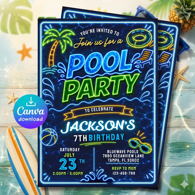 May include: Pool party invitation with a neon blue border. The invitation features the text "Pool Party" in large, neon green and blue letters. Details include the date, time, and location for Jackson's 7th birthday.