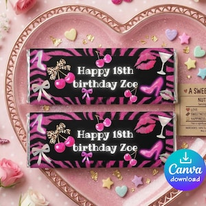 Hot Pink Zebra Birthday Chocolate Bar Wrapper Template, Birthday invite, Glam Y2K Custom Hershey Wrapper, 3 SIZES INCLUDED, Editable Canva