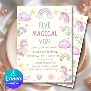 Unicorn Birthday Invitation, Five is a Magical Vibe, Pastel Rainbow Unicorn Party, 5th Birthday Invitation, Editable Canva Template