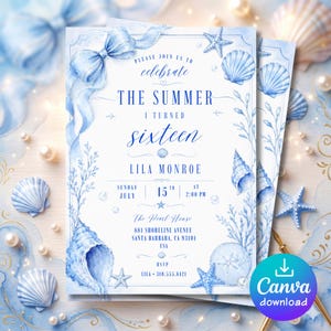 May include: A light blue and white invitation with a seashell and starfish theme. The invitation reads "The Summer I Turned Sixteen" and includes event details. Decorative elements include a bow, ribbons, and watercolor-style illustrations of marine life.