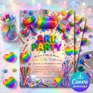Convite para Festa de Arte | Convite de Aniversário com Tema de Pintura | Festa de Pintura "Vista-se para se Sujar" | Artista do Arco-Íris | Download Digital