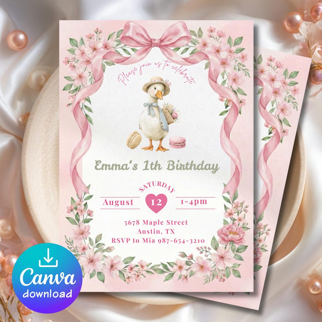 Printable Inv Pink Goose Birthday Invitation Template, Editable Canva, Girl Birthday ...