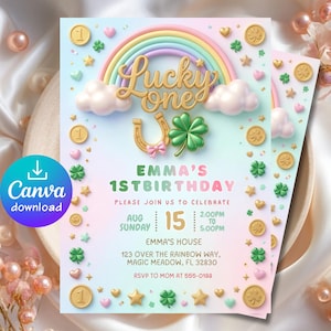 May include: A pastel-colored invitation for a first birthday celebration. The design features a rainbow, clouds, a horseshoe, and a four-leaf clover. The text reads "Lucky One" and "Emma's 1st Birthday". Additional details include the date, time, and location.