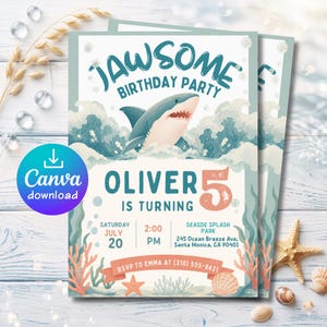 May include: A birthday party invitation with a shark theme. The invitation features a shark leaping out of ocean waves, with the text "JAWSOME BIRTHDAY PARTY". The invitation is for Oliver's 5th birthday, with the date, time, and location details.