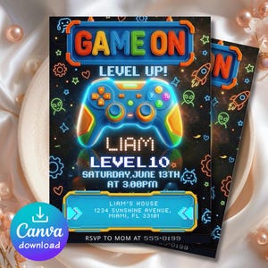 Uitnodiging voor een videogame-verjaardag, uitnodiging voor een gamerfeest, bewerkbare sjabloon met neon controller, arcade-verjaardag voor jongens, direct te downloaden via Canva