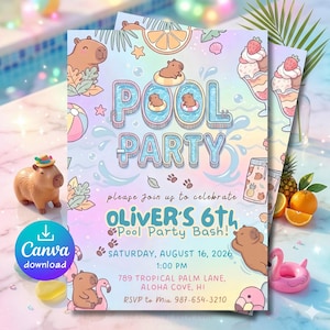 Capybara Pool Party Birthday Invitation, Summer Kids Birthday Invite, Cute Pastel Swimming Party, Editable Canva Template, Instant Download