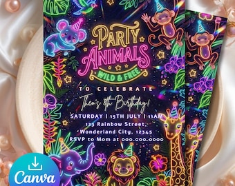 Neon Animals Birthday Invitation | Party Animals Birthday Invite | Editable Canva Invitation | Kids Birthday Party | Digital Download