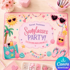 Sunglasses Party Placemat Template, Summer Activity Mat for Kids, Editable Canva Craft Party Placemat, Printable A3 Kids Table Mat