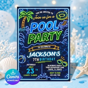 May include: A vibrant pool party invitation with a neon blue and green design. The invitation includes the text "POOL PARTY" and "JACKSON'S 7TH BIRTHDAY". It also features a palm tree, a beach ball, and sunglasses.