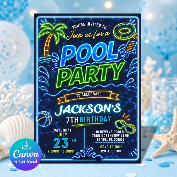 Pool Party Invitation Template, Neon Pool Birthday Invite, Editable Canva Summer Party Invite, Boy Birthday Invitation, Glow Pool Party