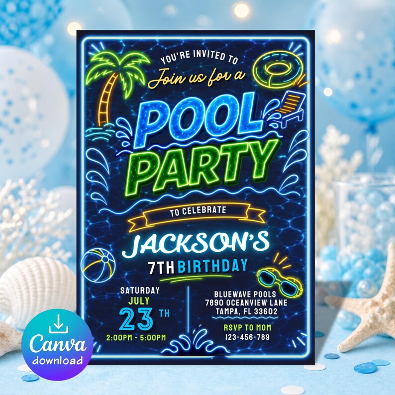 May include: A vibrant pool party invitation with a neon blue and green design. The invitation includes the text "POOL PARTY" and "JACKSON'S 7TH BIRTHDAY". It also features a palm tree, a beach ball, and sunglasses.